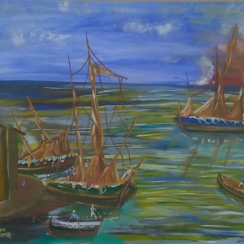 Schilderij getiteld "Amanhecer no porto" door Marcos Henrique Mello, Origineel Kunstwerk, Olie