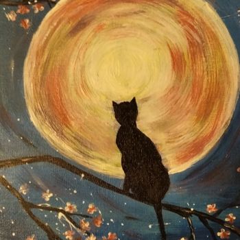 Картина под названием "Котик и сакура" - Наталья Мельникова, Подлинное произведение искусства, Акрил Установлен на картон