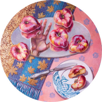 Ζωγραφική με τίτλο "Girl with peaches.…" από Maria Meltsaeva, Αυθεντικά έργα τέχνης, Λάδι Τοποθετήθηκε στο Ξύλινο φορείο σκε…