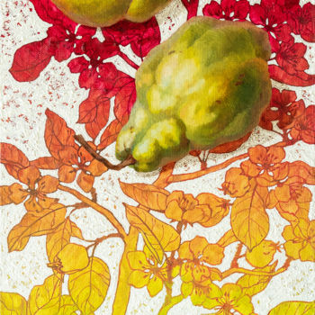 Painting titled "Three pears on flow…" by Maria Meltsaeva, Original Artwork, Oil Mounted on Wood Stretcher frame