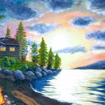 Painting titled "Lake Cabin" by Mendoza Fine Arts, Original Artwork, Acrylic