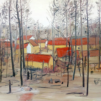 Painting titled "Red House" by Mengmeng Yue, Original Artwork, Oil