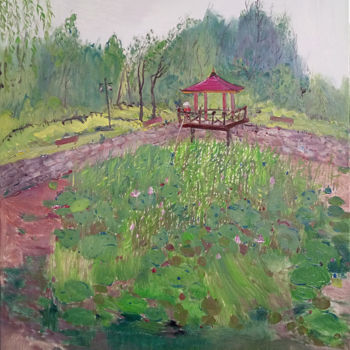 Painting titled "Lotus Pond Fishing" by Mengmeng Yue, Original Artwork, Oil