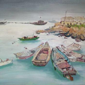 Painting titled "Mall Fishing Port" by Mengmeng Yue, Original Artwork, Oil