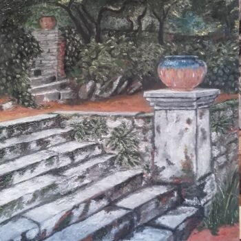 Pittura intitolato "L'escalier du Châte…" da Sylvia Leroy, Opera d'arte originale, Olio