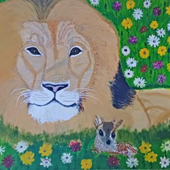 Schilderij getiteld "The Lion Of Judah" door Merlyn Shepherd'S, Origineel Kunstwerk, Acryl Gemonteerd op Frame voor houten b…
