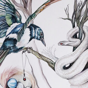 "magpie & snake - re…" başlıklı Tablo Merve Gürlek tarafından, Orijinal sanat, Suluboya