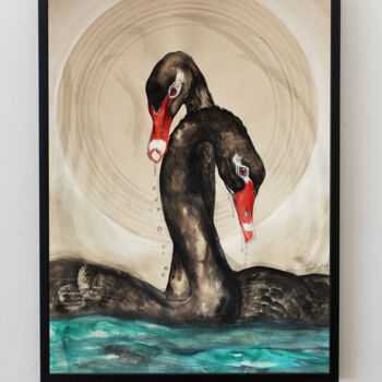 Malerei mit dem Titel "''21'' - BLACK SWAN" von Merve Gürlek, Original-Kunstwerk, Aquarell