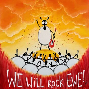 Painting titled "We Will Rock Ewe!" by Mervyn Tay, Original Artwork, Acrylic Mounted on Wood Stretcher frame