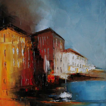 Painting titled "Le petit port" by Philippe Meslin, Original Artwork, Oil