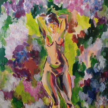 Painting titled ""Spring, nude"" by Suren Mesropyan, Original Artwork, Oil Mounted on Cardboard