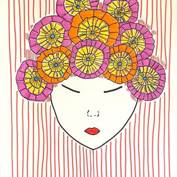 Dibujo titulada "Girl+ flowers no. 1" por Metka Gelt, Obra de arte original, Rotulador