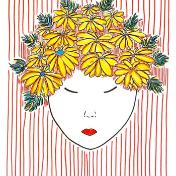 Drawing titled "Girl+ flowers no.2" by Metka Gelt, Original Artwork, Marker