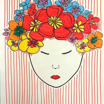 Desenho intitulada "Girl+ flowers no. 3" por Metka Gelt, Obras de arte originais, Marcador