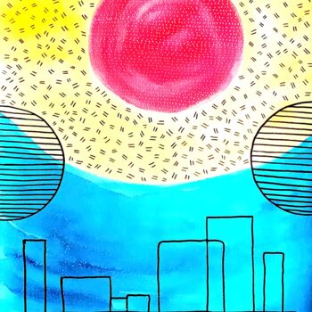Malerei mit dem Titel "City by the sea No.…" von Metka Gelt, Original-Kunstwerk, Tinte