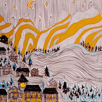 Рисунок под названием "Village in the Alps" - Metka Gelt, Подлинное произведение искусства, Чернила