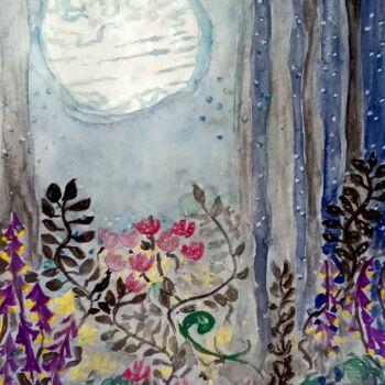 Pittura intitolato "Forest at night" da Metka Gelt, Opera d'arte originale, Acquarello