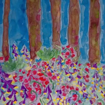 Peinture intitulée "Forest + Flowers" par Metka Gelt, Œuvre d'art originale, Aquarelle