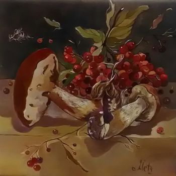 Картина под названием "Натюрморт с грибами" - Екатерина Мец, Подлинное произведение искусства, Масло Установлен на Деревянна…