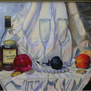 Картина под названием "Натюрморт с бусами" - Екатерина Мец, Подлинное произведение искусства, Масло