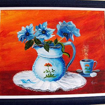 Ζωγραφική με τίτλο "3 roses bleues" από Marie France Mateu, Αυθεντικά έργα τέχνης