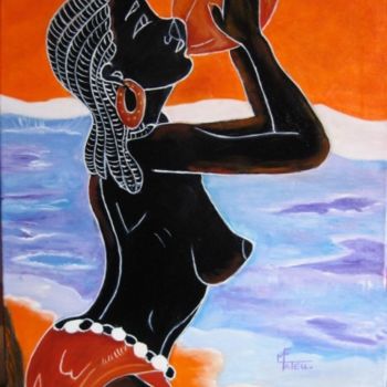 Malerei mit dem Titel "Femme Africaine buv…" von Marie France Mateu, Original-Kunstwerk, Öl