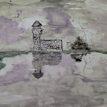 Painting titled "Stormy Castle" by Dracorex Creations, Original Artwork, Watercolor