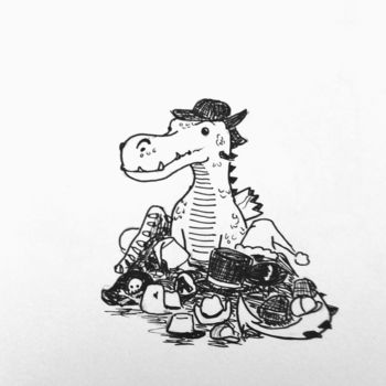Drawing titled "Hat Hoarding Dragon" by Dracorex Creations, Original Artwork, Ballpoint pen