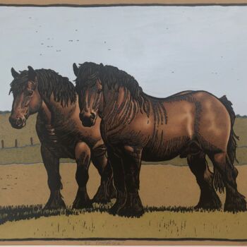 Gravures & estampes intitulée "Horsepower Nostalgia" par Margreet Duijneveld, Œuvre d'art originale, Linogravures