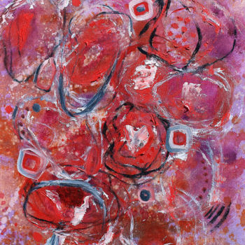 Pintura intitulada "Floral theme – red…" por Mia Hunter, Obras de arte originais, Óleo Montado em Outro painel rígido