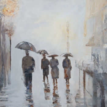 Painting titled "In de regen" by Mia Van Hoofstat, Original Artwork, Oil Mounted on Wood Stretcher frame