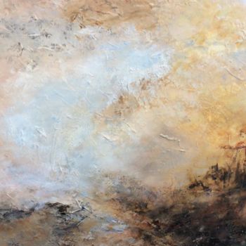 Painting titled "Landschaft" by Mia Van Hoofstat, Original Artwork, Oil Mounted on Wood Stretcher frame