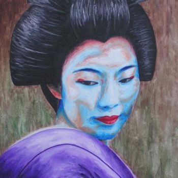 Peinture intitulée "Geisha kimviolet" par Chrystel Mialet, Œuvre d'art originale