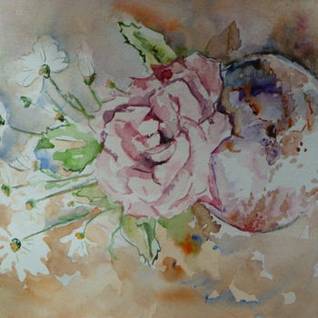 Pintura titulada "Rose au vase rose" por Marie Claude Laurent, Obra de arte original, Acuarela