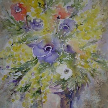 Pintura intitulada "anémones et mimosas" por Marie Claude Laurent, Obras de arte originais