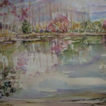 Painting titled "lac au cygne" by Marie Claude Laurent, Original Artwork