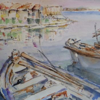 Peinture intitulée "barques et cabanes…" par Marie Claude Laurent, Œuvre d'art originale, Aquarelle