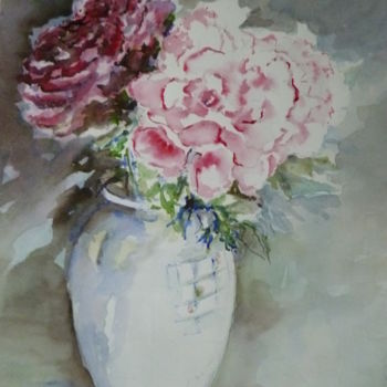 Peinture intitulée "vase blanc et pivoi…" par Marie Claude Laurent, Œuvre d'art originale, Aquarelle