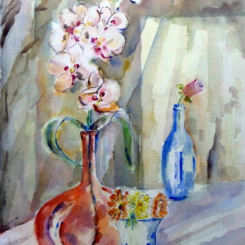 Malerei mit dem Titel "Orchidée au vase or…" von Marie Claude Laurent, Original-Kunstwerk, Aquarell