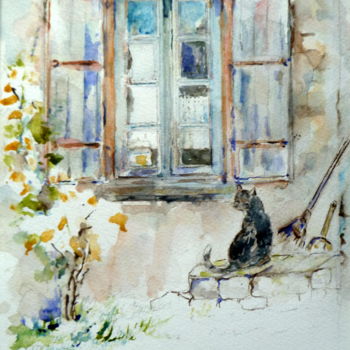 Peinture intitulée "fenêtre et chat" par Marie Claude Laurent, Œuvre d'art originale
