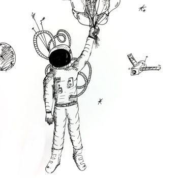 Σχέδιο με τίτλο "cosmonaute-aux-ball…" από Dominique Kuehn, Αυθεντικά έργα τέχνης, Μελάνι