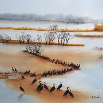 Pintura intitulada "les cormorans" por Dominique Kuehn, Obras de arte originais, Aquarela