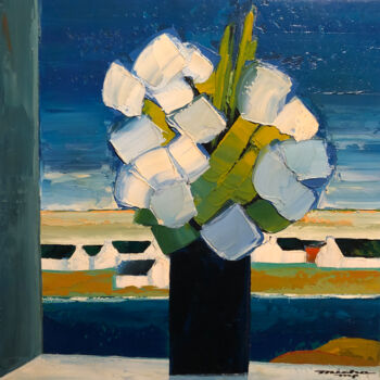 Painting titled "Bouquet au Paysage…" by Micha, Original Artwork, Oil Mounted on Wood Stretcher frame