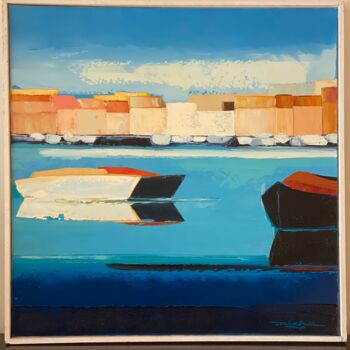 Painting titled "Le Petit Port" by Micha, Original Artwork, Oil Mounted on Wood Stretcher frame
