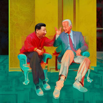 Pittura intitolato "Conversation" da Michael Cheung, Opera d'arte originale, Acrilico Montato su Telaio per barella in legno