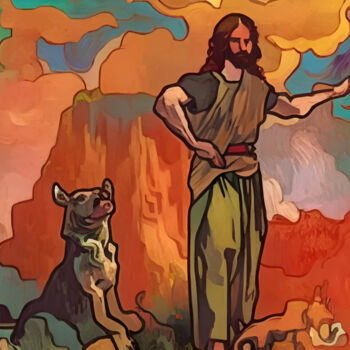 Painting titled "Jesus and Dog" by Michael Cheung, Original Artwork, Acrylic Mounted on Wood Stretcher frame