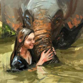 Pittura intitolato "Woman with elephant" da Michael Connors, Opera d'arte originale, Olio
