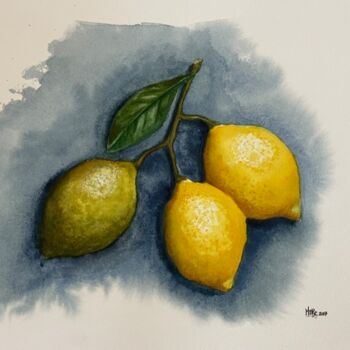 Painting titled "Trio de citrons" by Michaël D'Auria, Original Artwork, Watercolor