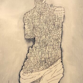 Рисунок под названием "Milo" - Michael Hebert, Подлинное произведение искусства, Чернила Установлен на Деревянная рама для н…
