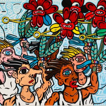 Painting titled "Fleurs olympiques" by Michael Hebert, Original Artwork, Acrylic Mounted on Wood Stretcher frame